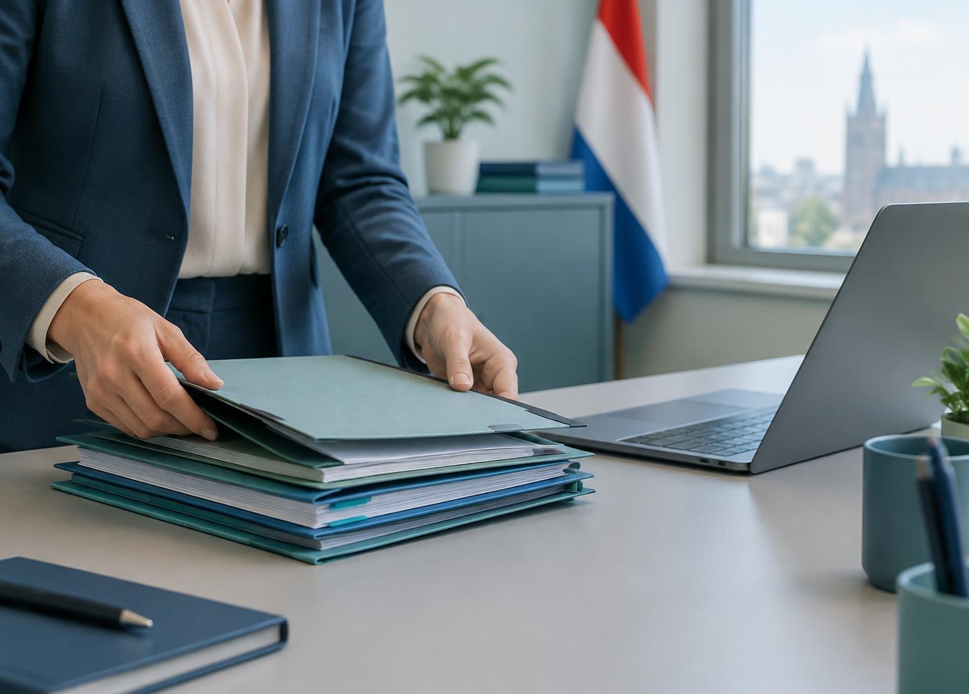 Dossiers en laptop op een bureau in een gemeentekantoor